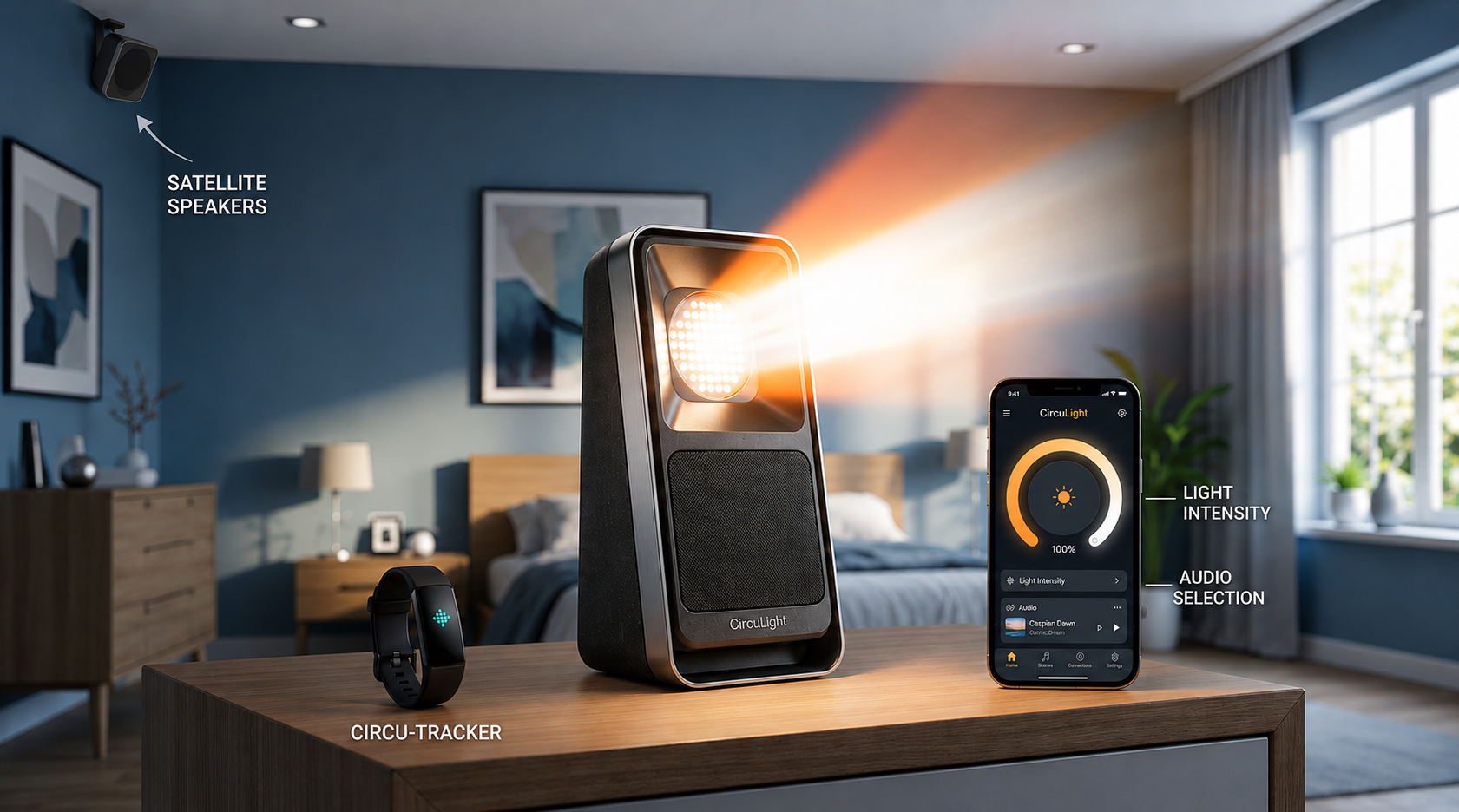 The CircuLight device casting a warm sunrise beam across a bedroom, with the CircuTracker band, the companion app, and a satellite speaker.