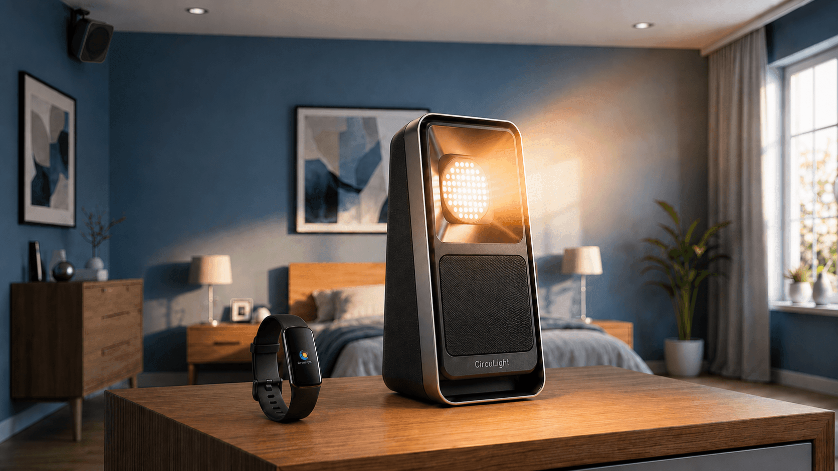 The CircuLight device casting a warm sunrise beam across a bedroom, with the CircuTracker band and a satellite speaker.