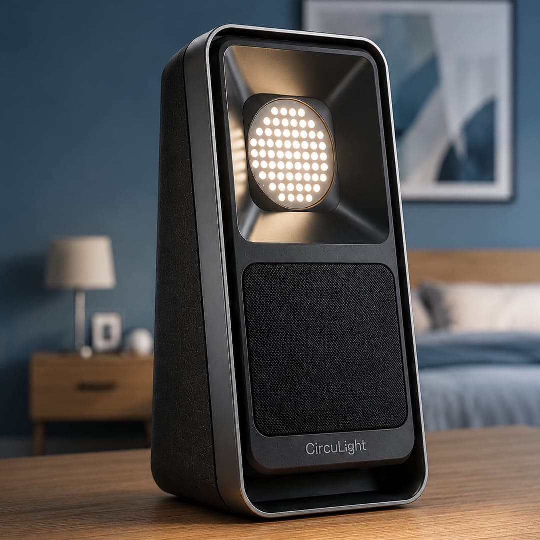 The CircuLight sunrise device glowing warmly on a bedside table.